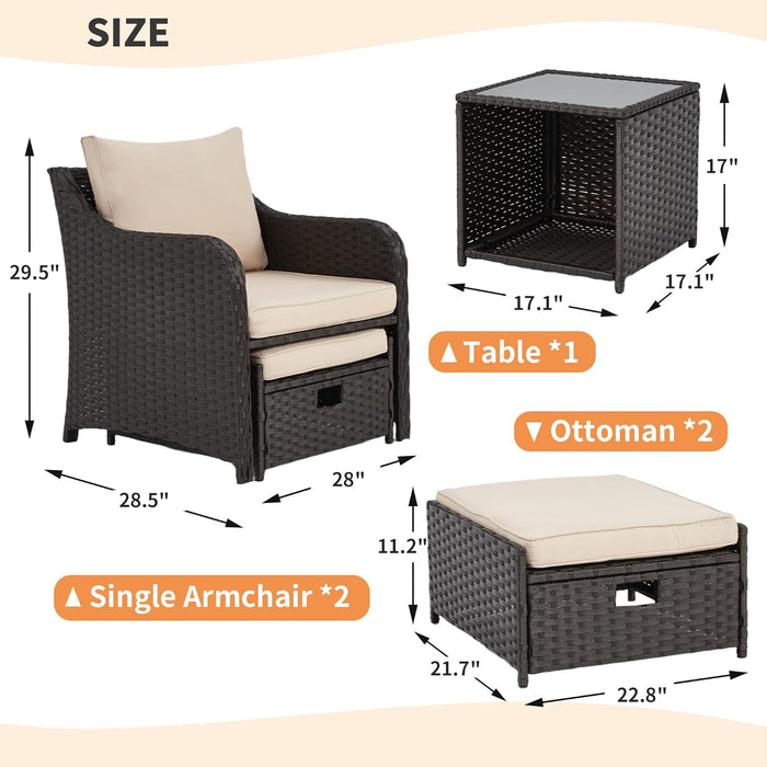 5 Piece Balcony Furniture, All Weather PE Wicker Rattan Patio Furniture Set, Cushioned Patio Chairs Set of 2 W/Ottoman&Table, Outdoor Lounge Chair for Lawn Pool Balcony, Khaki