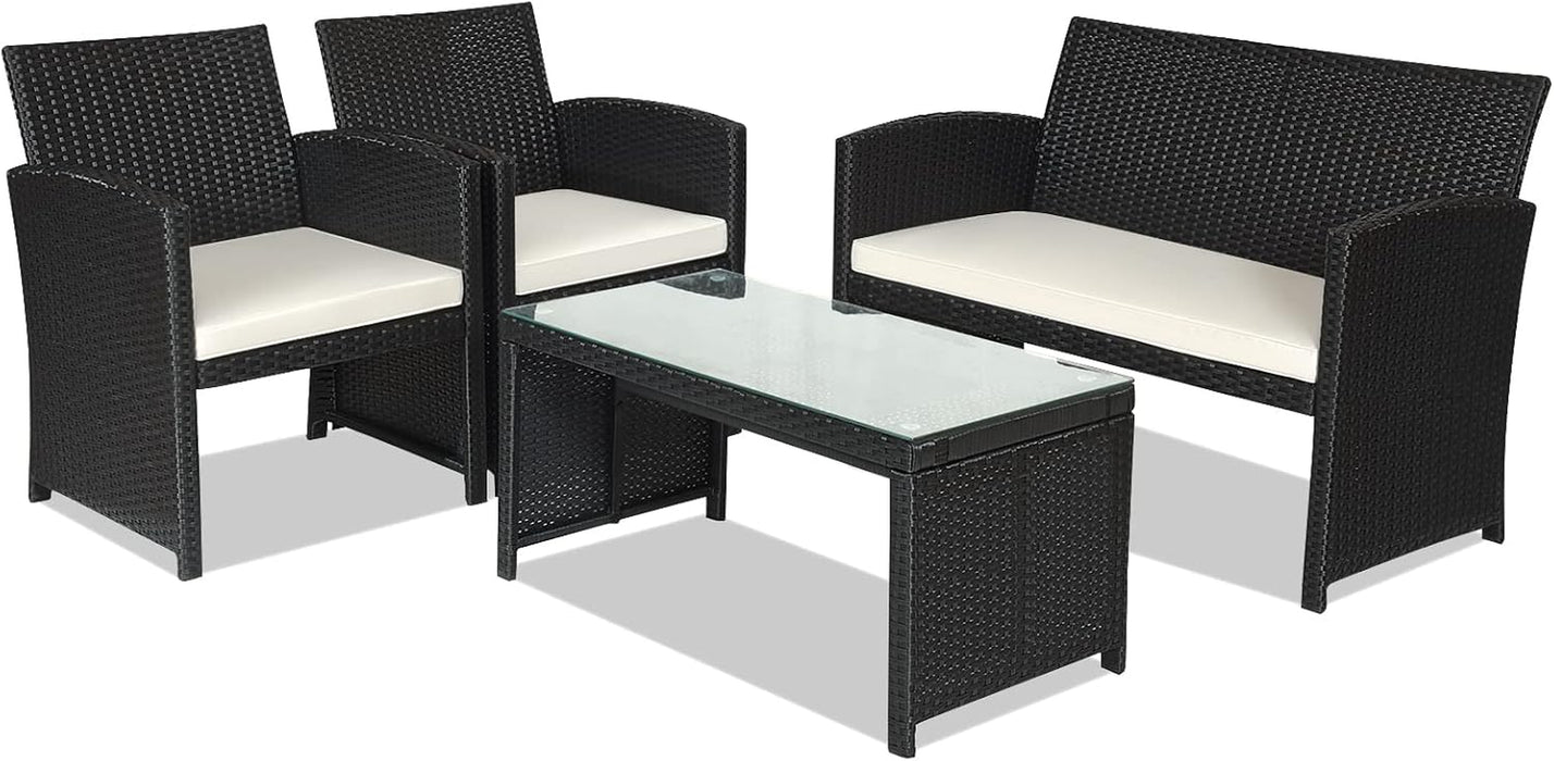 4-Piece Rattan Patio Furniture Set, Outdoor Wicker Conversation Sofa with Weather Resistant Cushions and Tempered Glass Tabletop for Lawn Backyard Pool Garden (White(Black Wicker))