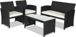 4-Piece Rattan Patio Furniture Set, Outdoor Wicker Conversation Sofa with Weather Resistant Cushions and Tempered Glass Tabletop for Lawn Backyard Pool Garden (White(Black Wicker))