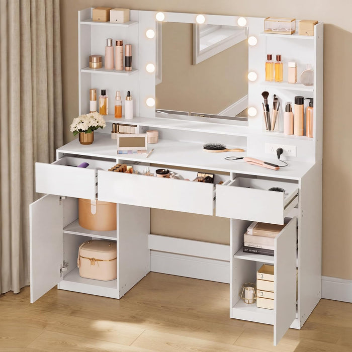 VASAGLE KAILYN Collection - Vanity Desk with Mirror and 9 LED Bulbs, Modern Vanity Makeup Table with Power Outlets, Dressing Table with 2 Cabinets, for Bedroom, Cloud White URDT142WB01S