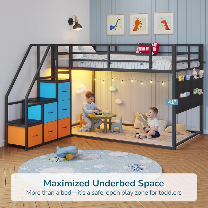 Low Bunk Bed Twin over Twin with 6 Storage Drawers and 6-Pocket Organizer, Reversible Storage Staircase(Left or Right), Bunk Bed for Kids with LED Lights,Metal Frame with Safety High Guardrails, Black