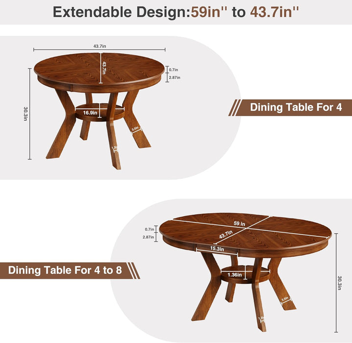 43.7In-59In Solid Wood Frame round Extendable Dining Table for 4-8, Modern Kitchen Oval Dining Table with Wooden Pedestal Base, Unique Wood Grain with Storage Shelf for Kitchen Living Room