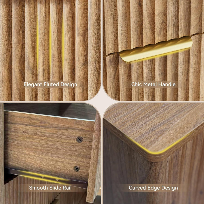 Fluted 6 Drawer Dresser for Bedroom, 55" Wide Wooden Chest of Drawers with Rounded Corners, Gold Handles, Modern Storage Organizer for Bedroom, Hallway(Walnut)