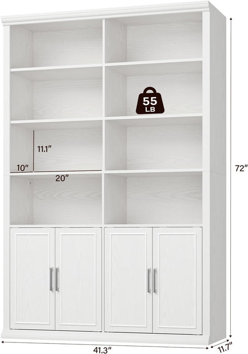 42" W Double Bookcase and Bookshelf with Doors, White | 72" Tall, Large Bookcase, Open Shelves & 6-Tier Storage Cabinets, for Home Office, Living Room, Library