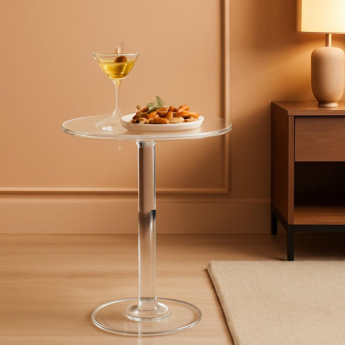Acrylic Drink Table, Clear Modern round End Table for Small Spaces, 11.8" L X 11.8" W X 21.2" H, Sturdy Acrylic Coffee Table for Living Room & Bedroom, Small Cocktail Table for Next to Sofa & Corner