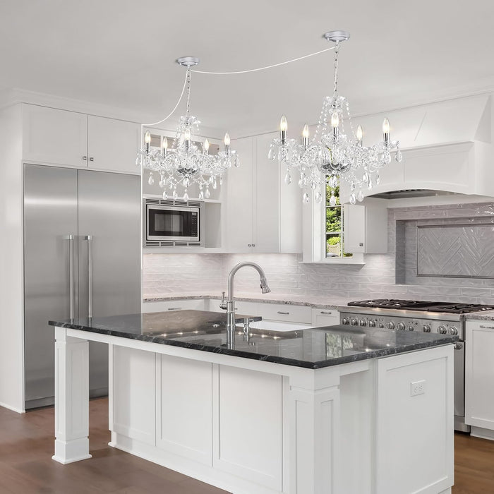 Dimmable Plug-In 5 Light Crystal Chandelier with Cord Glass, Chrome Candle Style Hanging Swag Lighting, K9 Crystals Beads Modern Pendant Light Fixtures Ceiling for Dining Living Room Bedroom