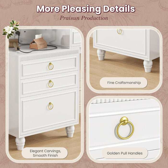 53 Inch Makeup Vanity Desk with Large Mirror and Lights, Vanity Table with Power Outlets and USB-C Port, Glass Top, 4 Divided Drawer Storage, Big Vanity with Cabinet, Adjustable Shelves, White