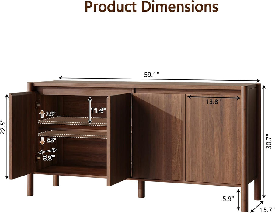 59 Inch Walnut Buffet Cabinet, Mid Century Wood Sideboard Storage | 4 Doors and Adjustable Shelves, Solid Wood round Legs. Ideal for Kitchen, Living Room, Coffee Bar, Dining Room.