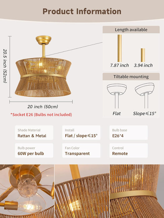 Boho Fandelier Ceiling Fan with Light and Remote Rattan Chandelier Fan Gold Caged Ceiling Fan with Light for Bedroom, Living Room Nursery Foyer Kitchen（6 Speed, Timing Adjustable Height）