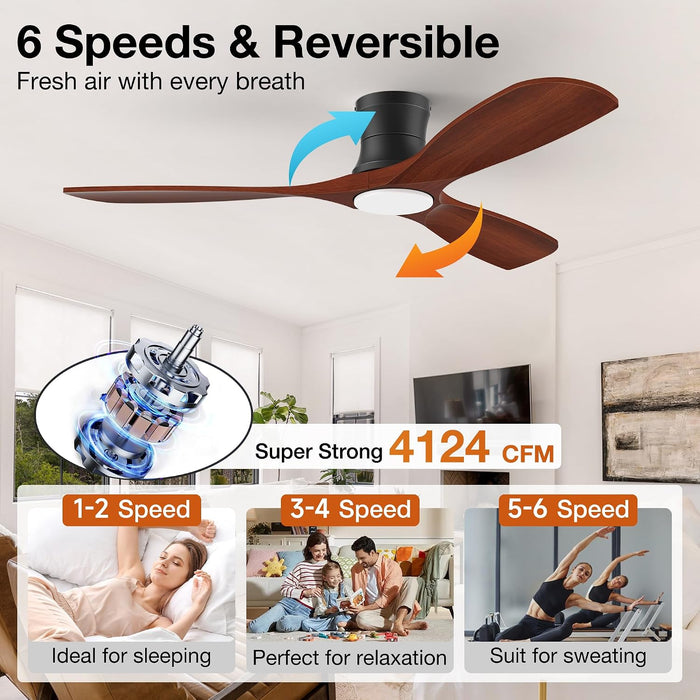 52 Inch Smart Low Profile Ceiling Fans with Lights Remote,Wood,Flush Mount