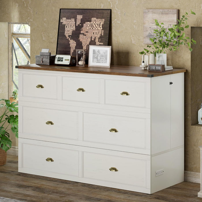 Queen Size Murphy Bed, Farmhouse Wooden Cabinet with Charging Station and Storage Drawer for Bedroom/Office/Guest Room, White+Barnwood