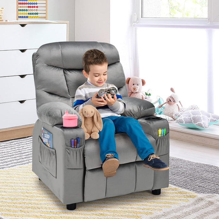 Kids Recliner Chair with Cup Holder, Adjustable Velvet Lounge Chair W/Footrest & Side Pockets for Children Boys Girls Room, Ergonomic Toddler Furniture Sofa Gifts, Kids Recliner (Gray)