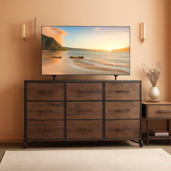 Dresser, Dresser for Bedroom with 9 Drawers, Wide Dresser TV Stand for 55” TV Stand for Bedroom Dresser Long Dressers & Chests of Drawers, Metal Frame&Wood Top, Closet, Hallway, Rustic Brown
