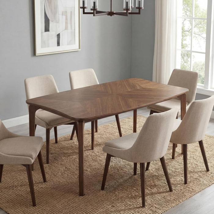 Mid-Century Modern Walnut Color Dining Table, 63" Rectangular Kitchen Table with Solid Wood Legs, Curved Edges, 6-Person Table for Dining Room Living Room Kitchen