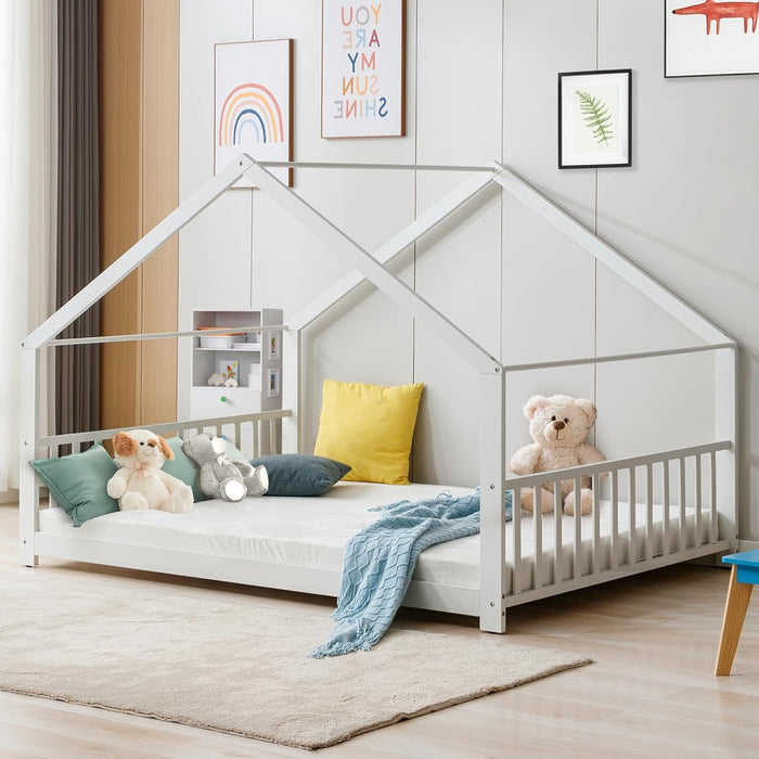 Full Size Floor Bed, Wood House Bed with Headboard and Footboard, Montessori Wood Bed, Playhouse Toddler Floor Bed Frame for Boys, Girls, No Box Spring Needed (White, Full Size)