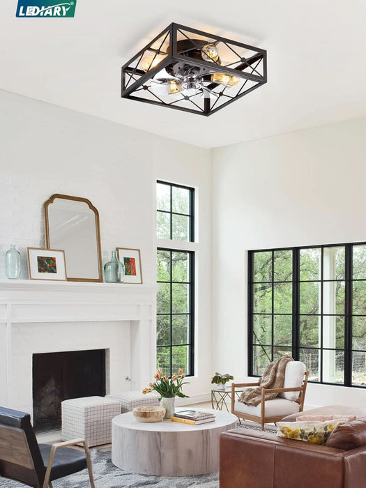 Caged Flush Mount Ceiling Fans with Lights and Remote, Black Square Rustic Low Profile Ceiling Fan, 6 Speed and Reversible, Small Farmhouse Bladeless Ceiling Fan for Bedroom, Kitchen, Indoor
