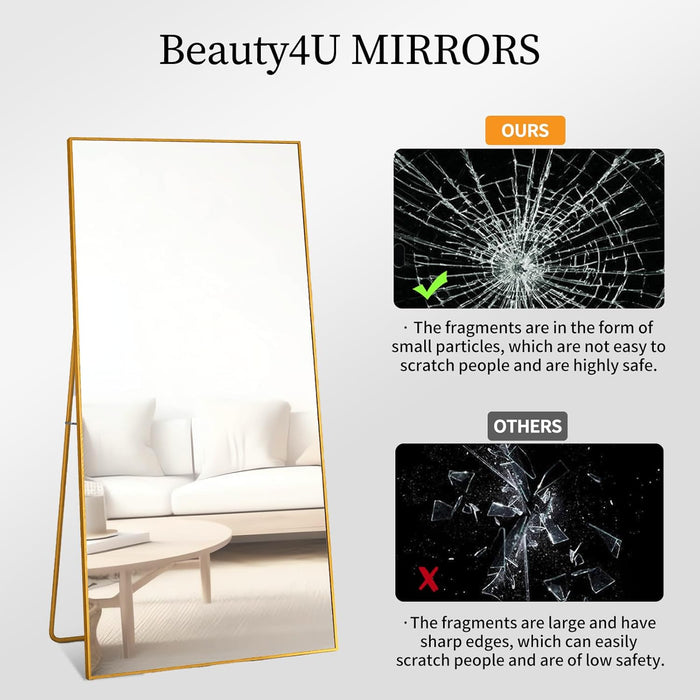 65" X 24" Full Length Mirror with Stand, Gold Wall Mounting Full Body Mirror, Metal Frame Full-Length Tempered Mirror for Living Room, Bedroom