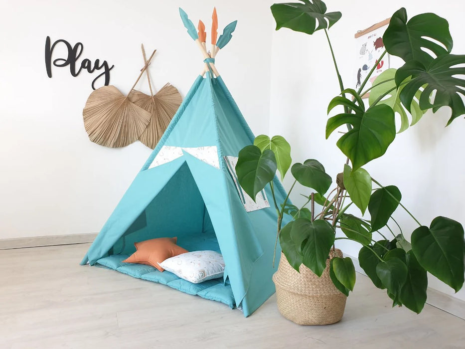 Large Kids Teepee Tent with Padded Mat , Kids Playhouse , Indoor Playzone , Rainbow Teepee Print , Turquoise Color Teepee