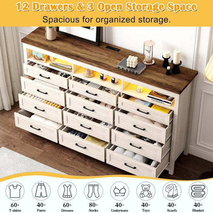 Farmhouse 12 Drawer Dresser with LED Lights, 71" Wide Large Chest of Drawers for Bedroom, Modern Wood Dresser Storage Organizer with Charging Station for Living Room, Bedroom, Hallway, Beige