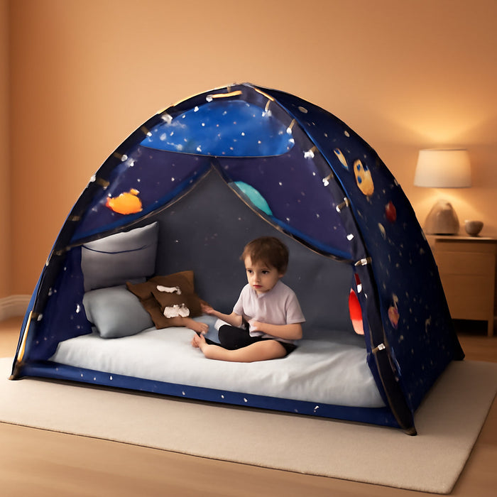 Twin Bed Tent Canopy, Space Indoor Blackout Privacy Toddler Bed Tent for Kids with Light, Portable Sleeping Floor Kids Playhouse (Blue)