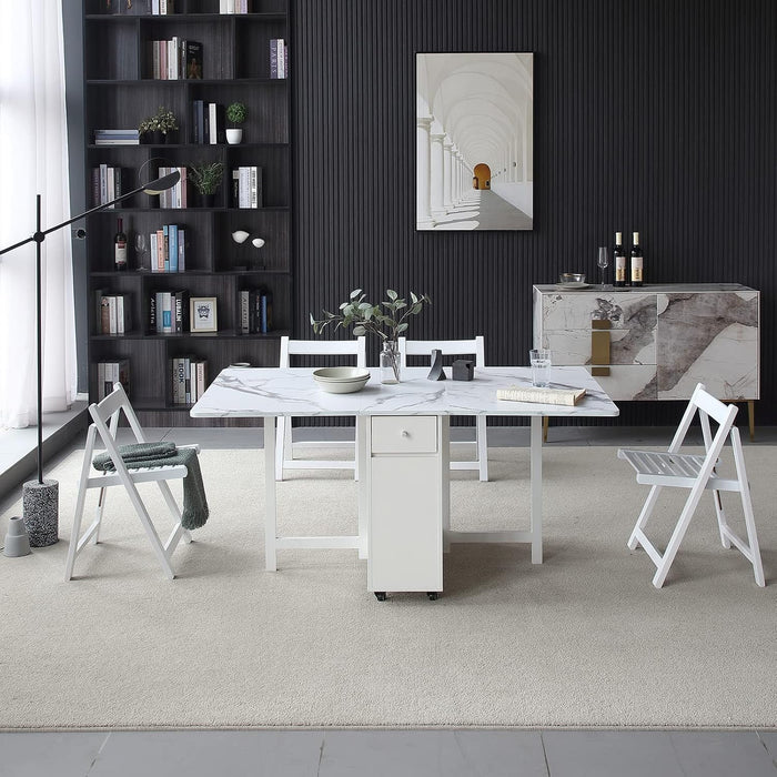 Folding Dining Table with Storage, Kitchen Table for Small Spaces | Foldable, Drop Leaf, Movable, 4 Wheels, Space Saving, Extendable, Marble Texture Top, for Apartment Kitchen Living Room White