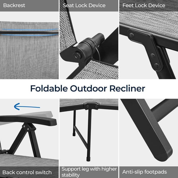 Outdoor Folding Chaise Lounge Set of 2 Patio Reclining Chairs W/Adjustable 7-Position Back for Beach Pool Garden Yard Deck Gray