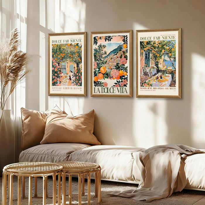 Triptych Dolce Far Niente Framed Cnavas Wall Art 20X30 Inches X3 | Wooden Frame, Uv-Resistant Ink, Giclée Printing Process, Pre-Installed Hooks Make It Easy to Hang Home or Office Wall Decor
