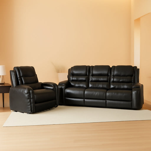 PU Leather Sofa Set, 3 Pieces Living Room Set with Cup Holders, Manual Recliner Sofa &Loveseat & Chair, Black