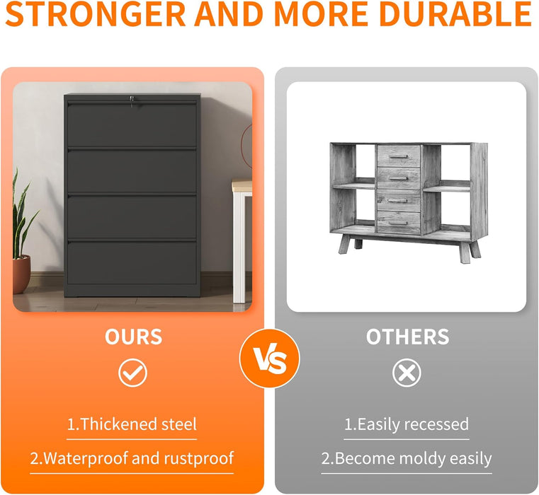 File Cabinets 4 Drawer,Metal Office Storage Filing Cabinet with Lock,Black Lateral Filing Cabinet for Home Office,Horizontal Locking File Cabinet for Legal/Letter/A4,Assembly Require,Black