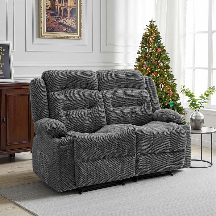 Loveseat Recliner Sofa, Manual Reclining Couch with Heating and Massage, Soft Corduroy Recliner Sofa with USB Ports, Cup Holders and Side Storage Bags, Dual Loveseat Chair for Living Room, Grey