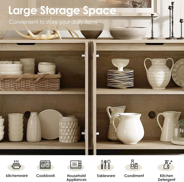 Modern TV Stand with Glass Doors for 110 Inch Tvs, 3 in 1 Entertainment Center Console with Adjustable Shelves and Metal Base for Living Room, Bedroom, Light Oak