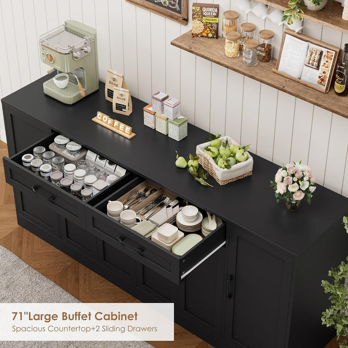 71” Large Buffet Cabinet with Storage, Sideboard Buffet Cabinet with Adjustable Shelves and 6 Soft-Close Doors, Wood Coffee Bar Console Table for Kitchen, Dining Room, Black