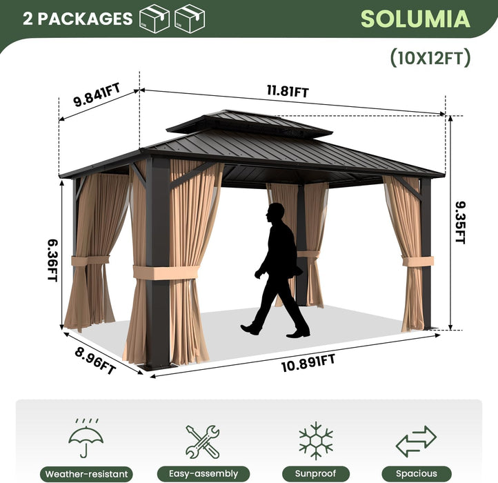 10’X12’ Hardtop Gazebo, Galvanized Steel Double Roof Canopy with Heavy-Duty Steel Frame, Outdoor Pavilion with Nettings and Curtains