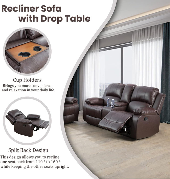 Manual Recliner Sofa Set, Bonded Leather Sofa Set Living Room Furniture, Reclining Sofa Set Leather Recliner Couch with Cup Holder/Storage Console for Living Room (3 Pieces Couch Set, Brown)