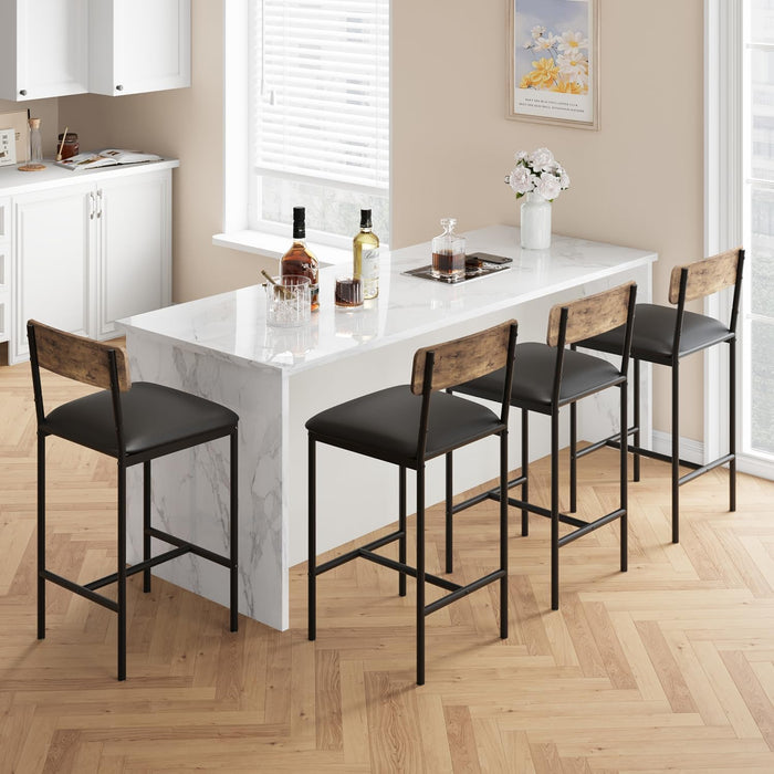 Bar Stools Set of 2, Kitchen Bar Stools with Footrest, 25.5 Inches Upholstered Bar Chairs with Back, 2 Counter Height Barstools for Counter Bar, Island, Easy Assembly, Rustic Brown