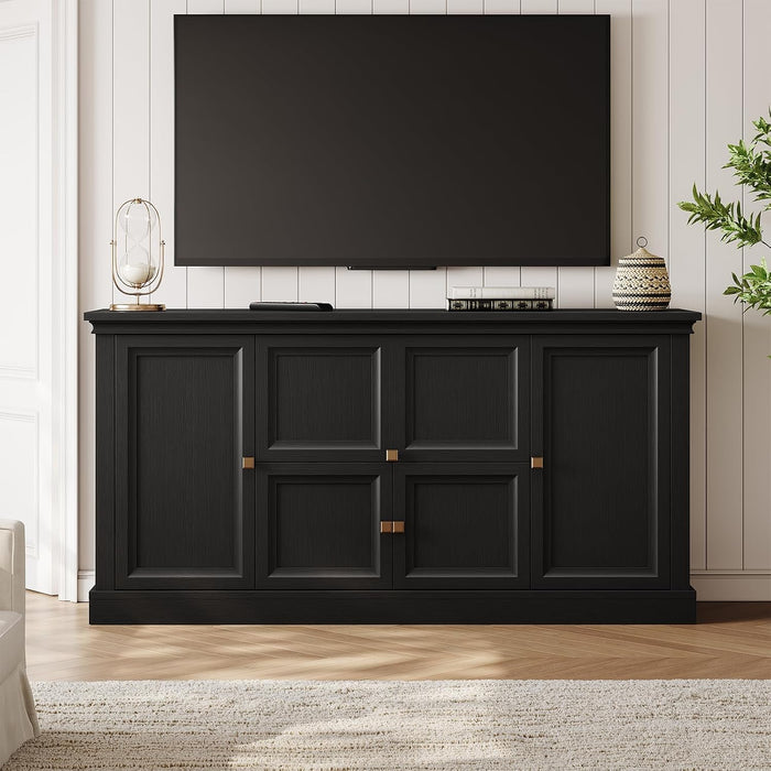 63" Large Buffet Cabinet with Storage, Farmhouse Sideboard Cabinet with Grooved Barn Doors, Wood Rustic Kitchen Buffet Table Coffee Bar Storage Cabinet for Kitchen, Living Room (Black)