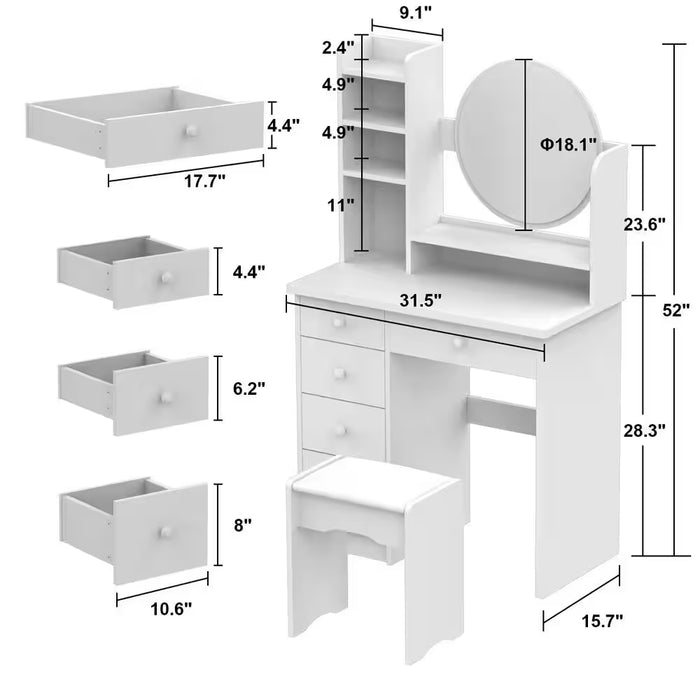 5-Drawers Pink Makeup Vanity Dressing Table Set with Stool, Mirror and Storage Shelves Girls Dressing Table