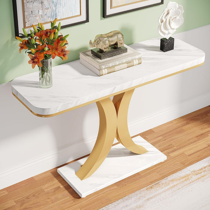 Modern Gold Console Table, 40 Inch Narrow Entryway Foyer Table with Geometric Base, Rustic Hallway Accent Table for Living Room, Entrance, White and Gold