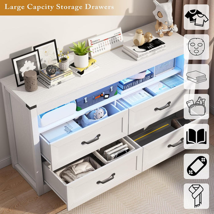 White Dresser for Bedroom, Wood 4 Drawer Dresser with LED Light, Dressers & Chests of Drawers with Metal Handles, Storage and Organization for Bedroom, Hallway, Entryway