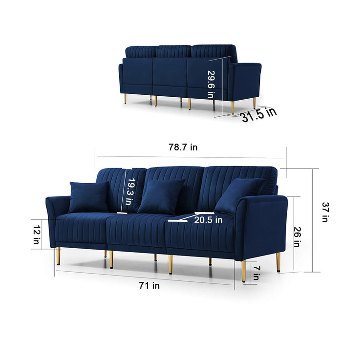 3-Seater Sectional Couches for Living Room with Channel Tufted on Back, Seat Cushions and 2 Throw Pillows, Modular Sectional Sofa, Blue