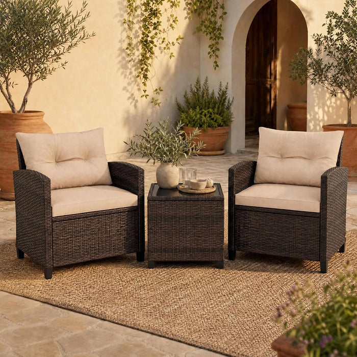 3PCS Wicker Patio Furniture Set with Cushions for Balcony and Porch
