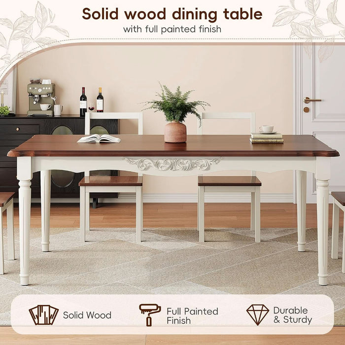 Elegantly Carved Dining Table,70.9" Solid Wood Kitchen Table for 6,Farmhouse Rectangle Table for 6 Persons,Carved Apron,Easy to Clean,Painted Finish,Fit Dining Room,Waterproof,Wn&Wt