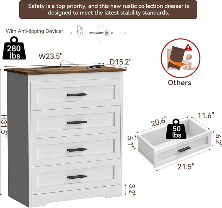 Farmhouse 4 Drawers Dresser for Bedroom Rustic Chest of Drawers with Natural Texture White Drawers Organizer for Living Room Hallway