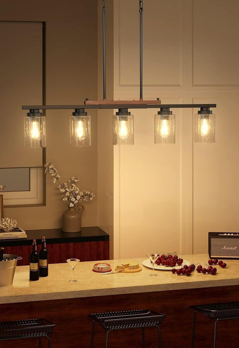 Dining Room Light Fixture 5-Light Kitchen Island Lighting with Adjustable Rods, Farmhouse Decor Black Metal & Wood Chandelier with Seeded Glass Shade, Island Lights for Kitchen