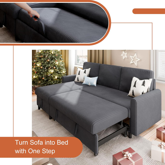 Dark Grey Corduroy Sleeper Sofa With HiddenStorage