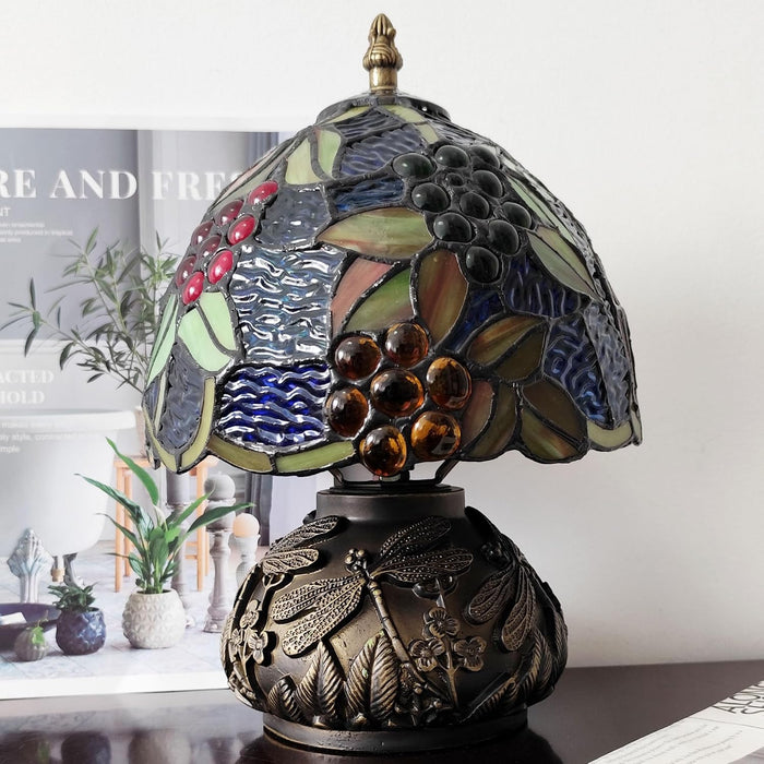 Tiffany Lamp Grapes Beads Stained Glass Style Bedside Reading Table Lamp Village Bedroom Nightstand Light 19Inch Tall Office Home Decor Retro Unique Accent Light