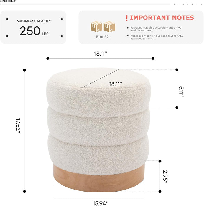Sherpa Ottoman Footstool, Tufted Modern Foot Rest Stool with Wood Base for Living Room, Bedroom, Desk, round Versatile Side End Table, Pouf, Makeup Seat,2Pcs,Cream