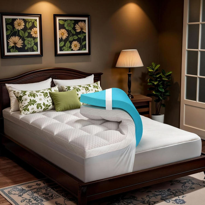 Dual Layer Memory Foam Mattress Topper for Pain Relief with 2X Support, 2" Fluffy Pillow Top Queen Mattress Topper plus 2" Odor-Free Cooling Gel Memory Foam Ultra Comfort Mattress Pad Cover