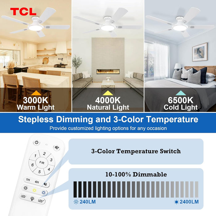 Ceiling Fans with Lights, 52 Inch Low Profile Ceiling Fan with Light and Remote Control, Flush Mount, DC Reversible Motor, Noiseless, 6 Speeds Ceiling Fan for Bedroom (White)