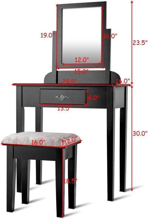 Vanity Dressing Table Stool Set, for Bedroom Vanities Furniture with Large 360° Rotating Makeup Mirror Solid Wood Legs Padded Linen Fabric Bench, Vanity Tables with Drawers, Black（1 Drawer）